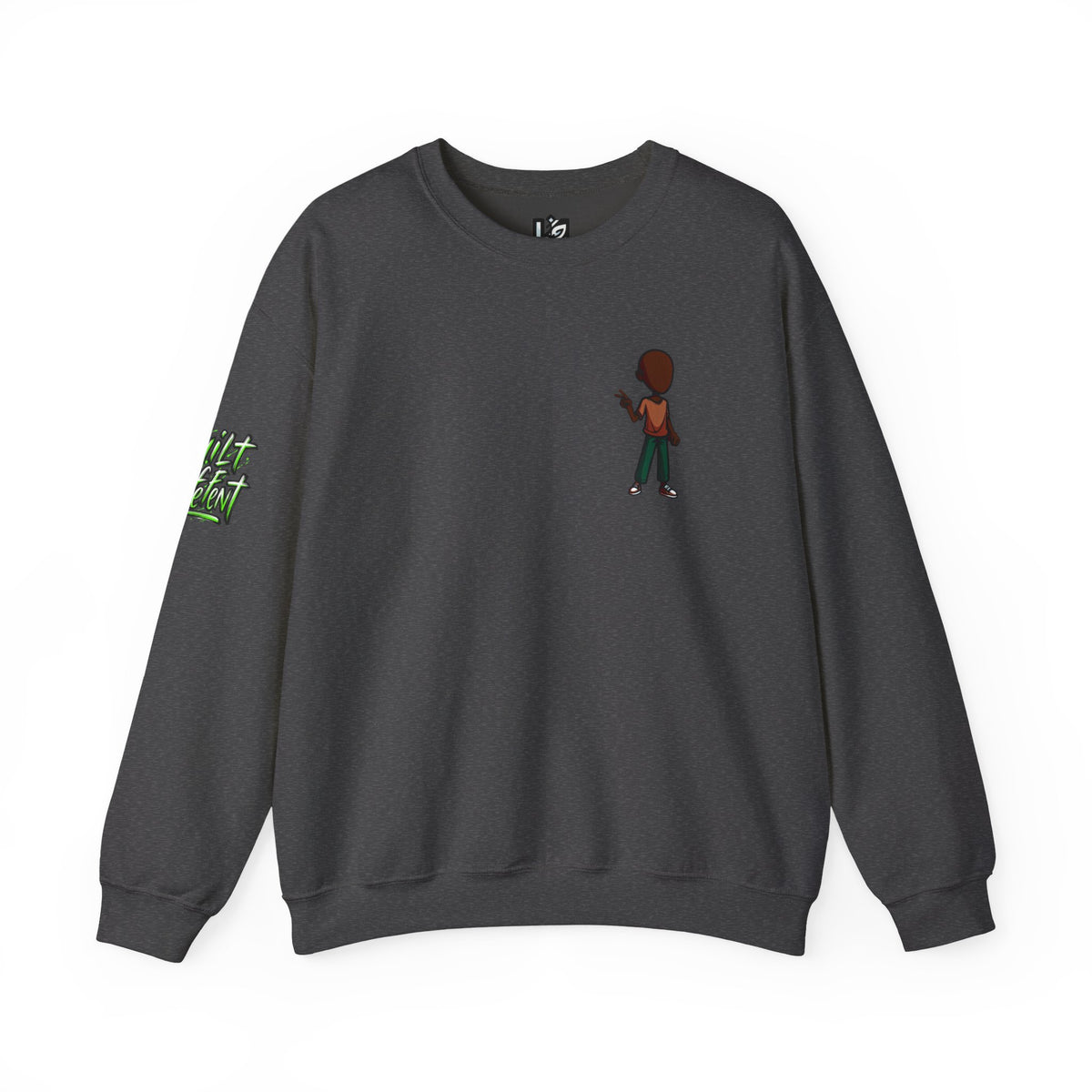 Crewneck Sweatshirt with Cartoon Guitarist & 'Rock On' Sleeve Graphic