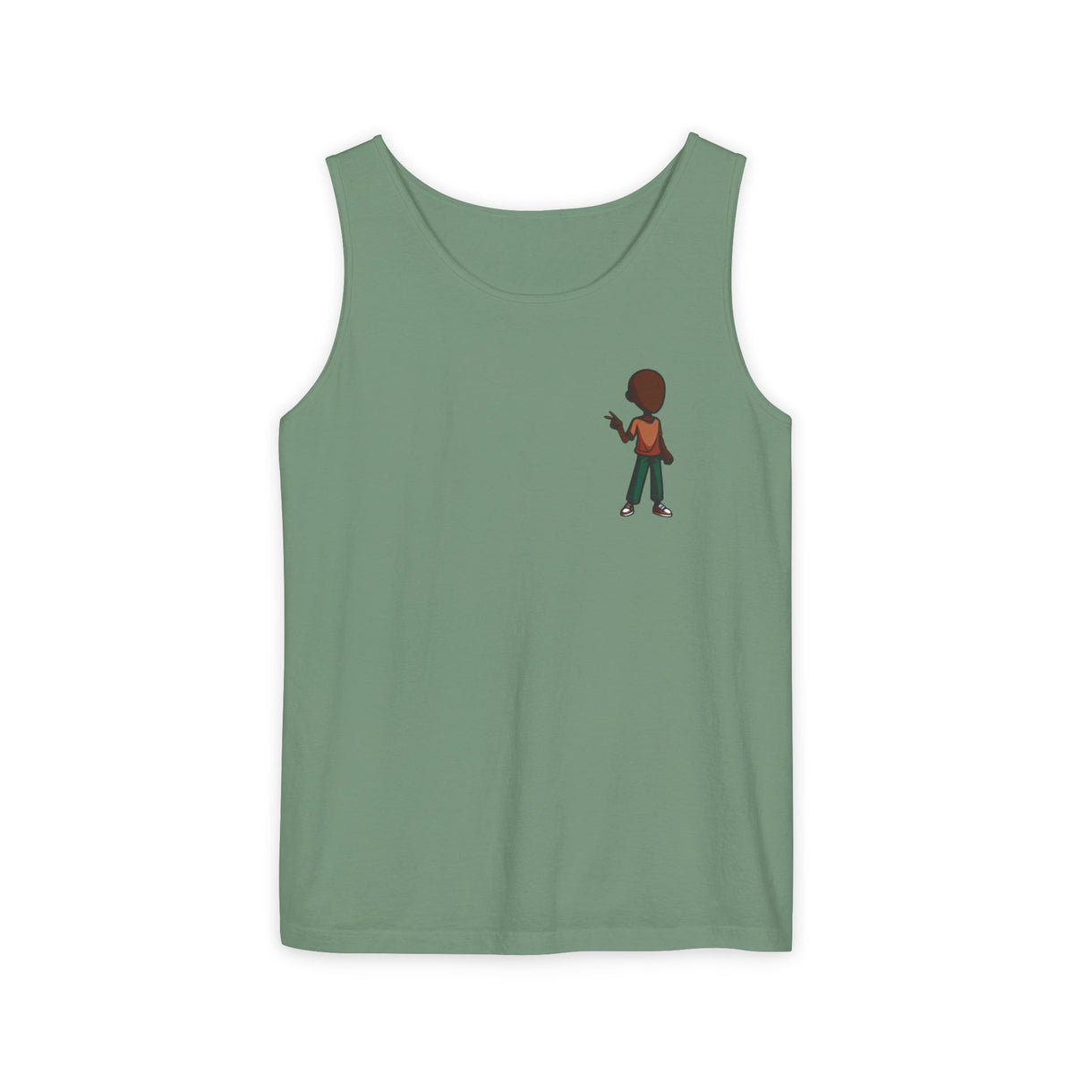 Minimalist Coffee Lover Tank — Small Cartoon Person Holding Mug Graphic Tank Top