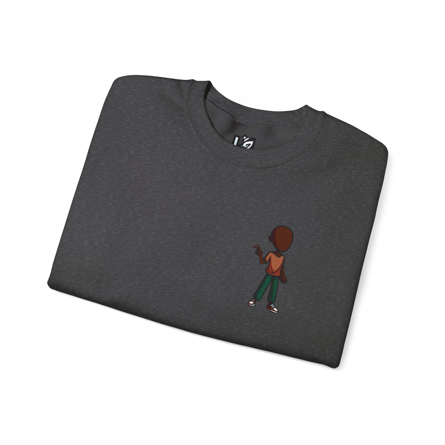 Crewneck Sweatshirt with Cartoon Guitarist & 'Rock On' Sleeve Graphic