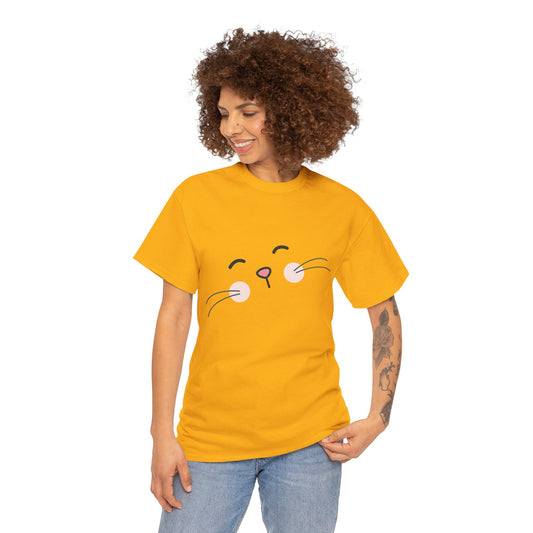 Cute Cat Face Unisex Heavy Cotton Tee - Whimsical Animal T-Shirt for Cat Lovers