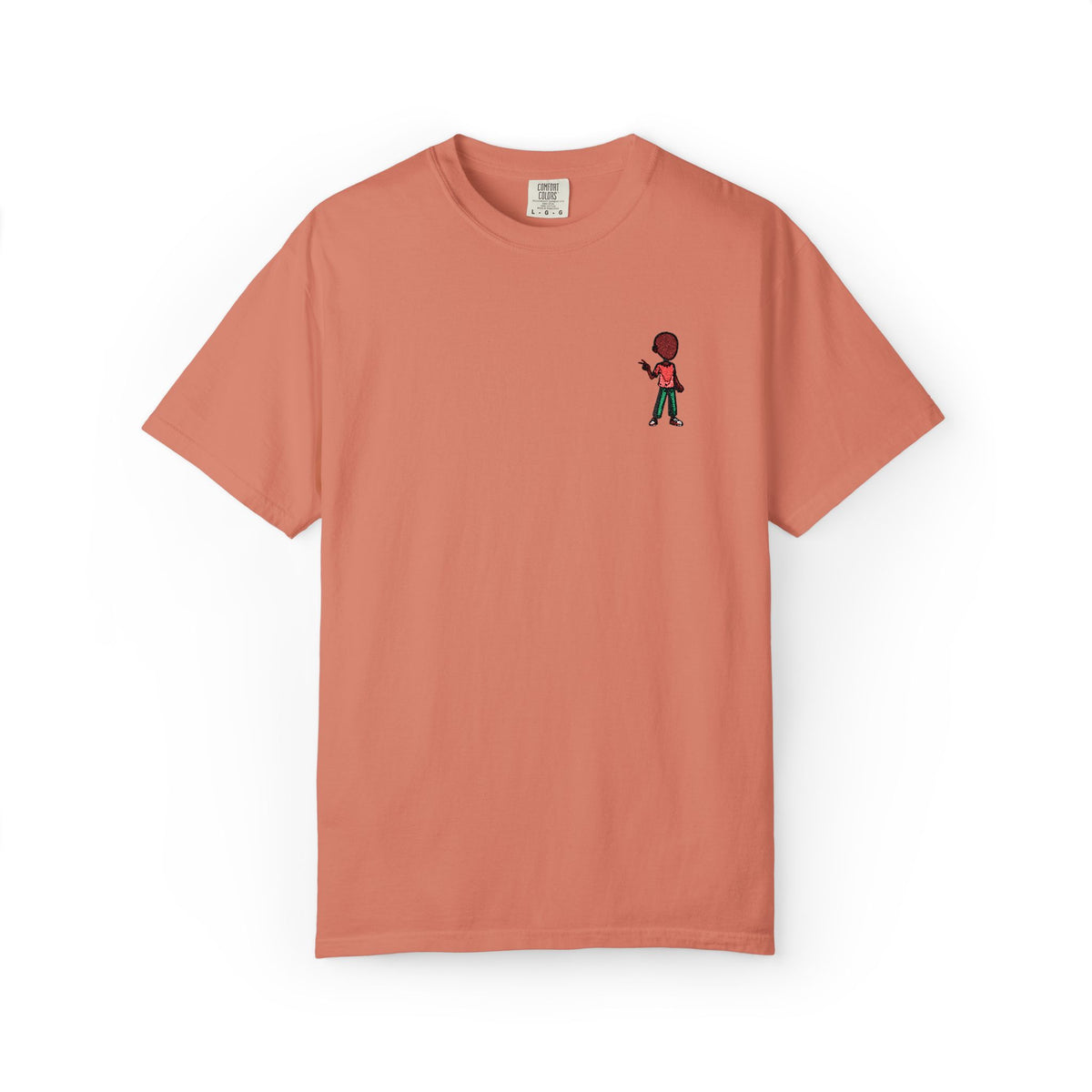 T-Shirt — Tiny Red-Haired Skateboarder Chest Graphic, Minimal Streetwear Tee