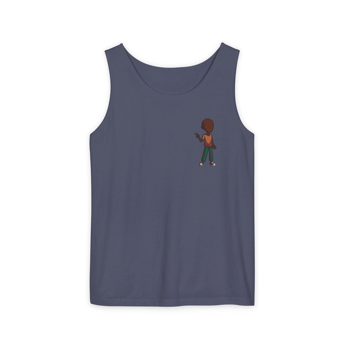 Minimalist Coffee Lover Tank — Small Cartoon Person Holding Mug Graphic Tank Top