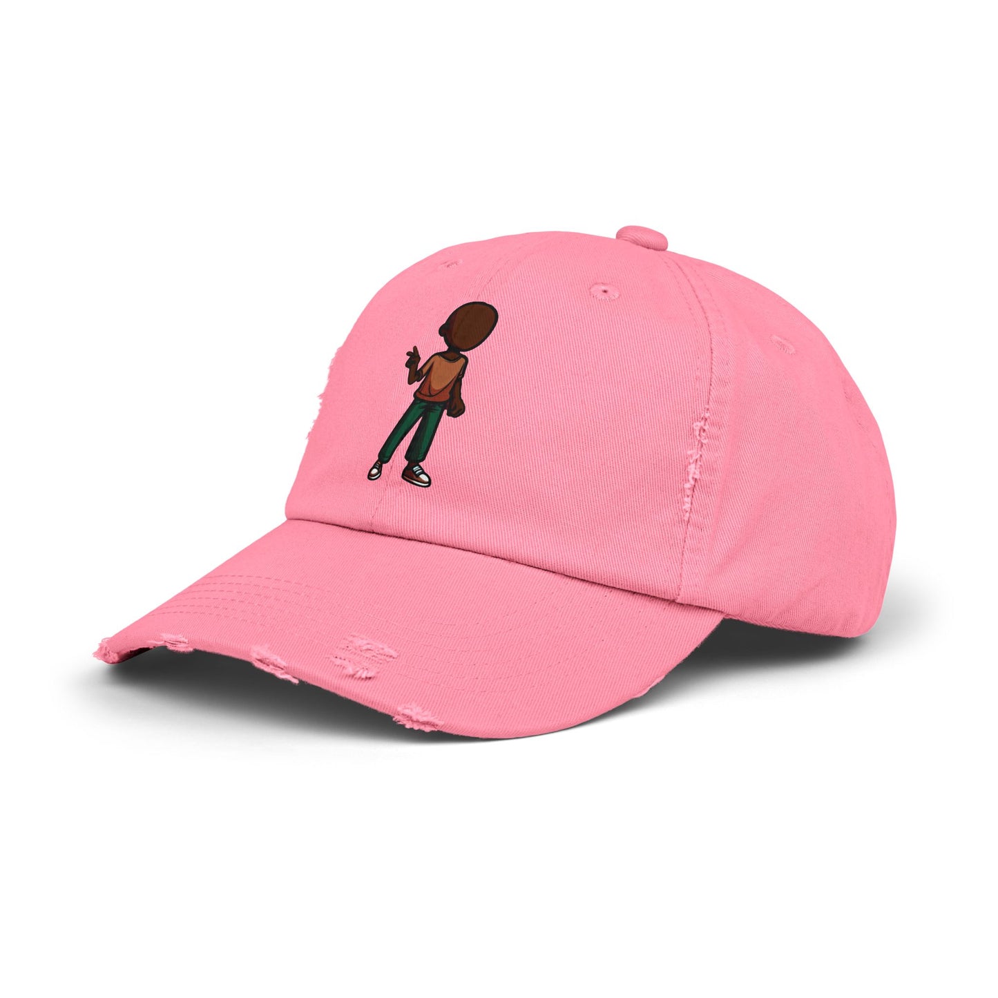 Distressed Black Dad Hat with Retro Boy Graphic — Casual Streetwear Cap