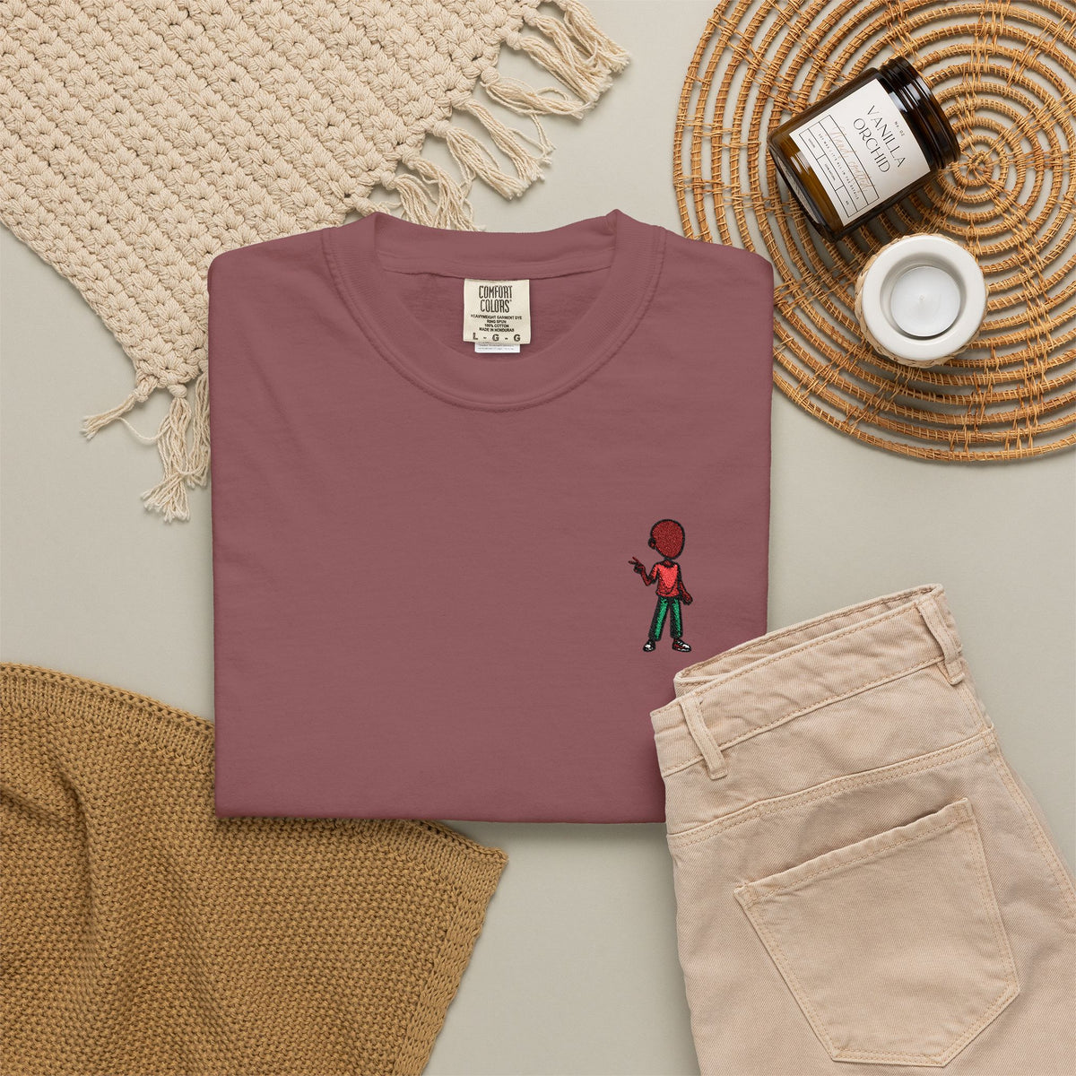 T-Shirt — Tiny Red-Haired Skateboarder Chest Graphic, Minimal Streetwear Tee