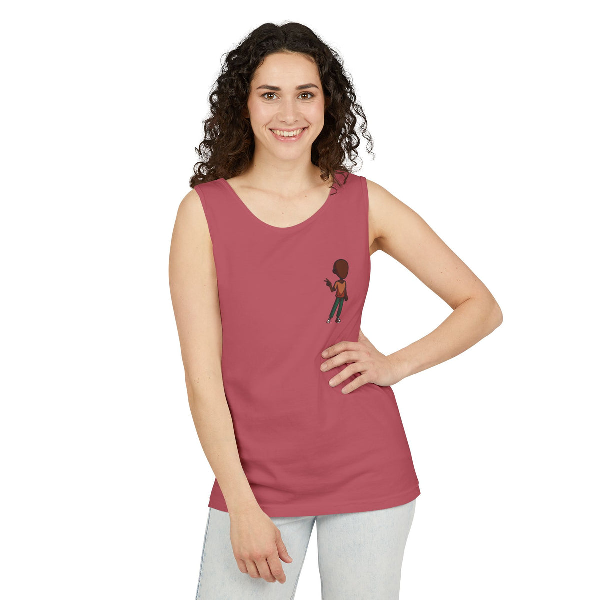 Minimalist Coffee Lover Tank — Small Cartoon Person Holding Mug Graphic Tank Top