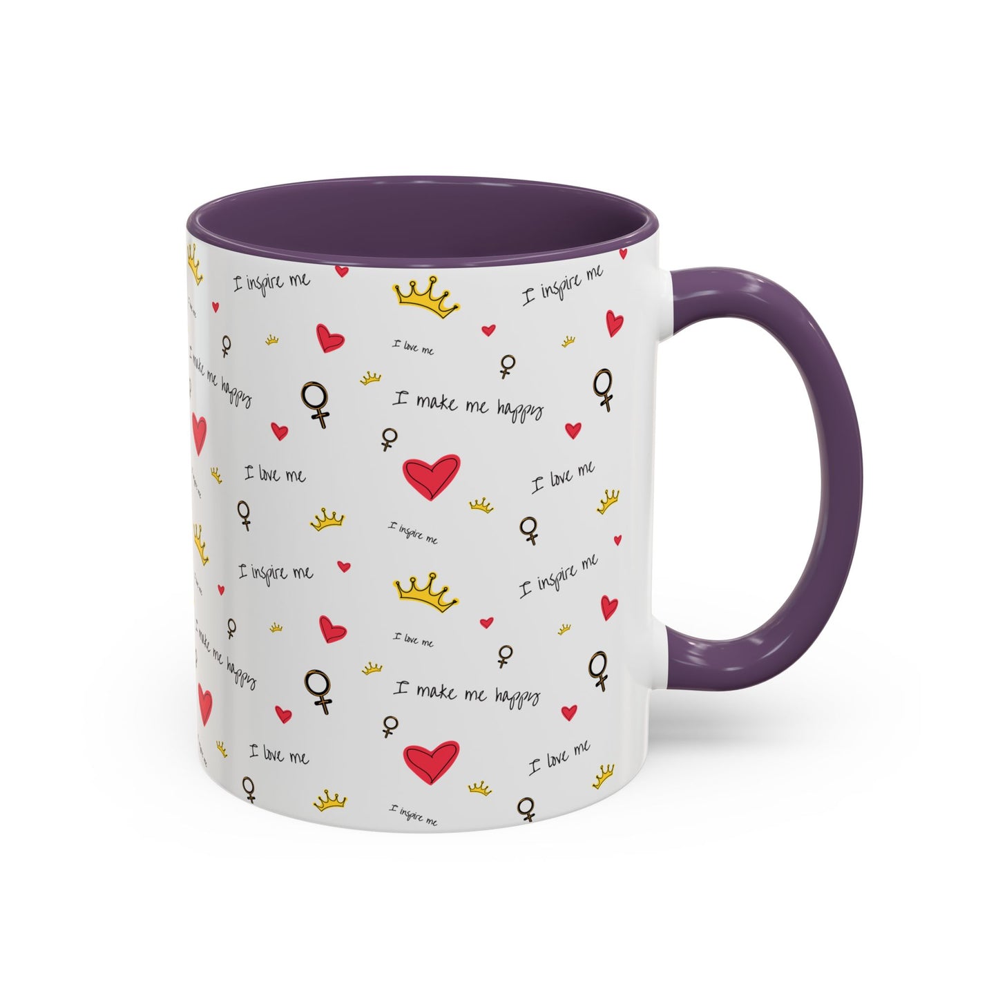 Inspirational Accent Coffee Mug - "I Love Me", Red Hearts and Crowns, Perfect Gift for Self-Care