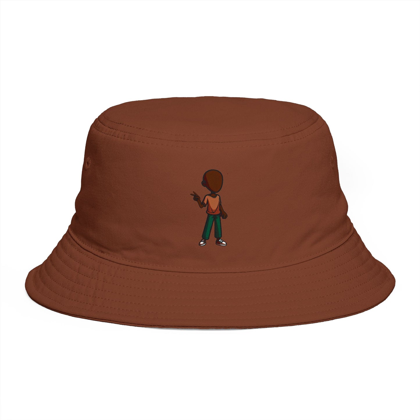 Brown Streetwear Bucket Hat with Small Kid Cartoon Graphic