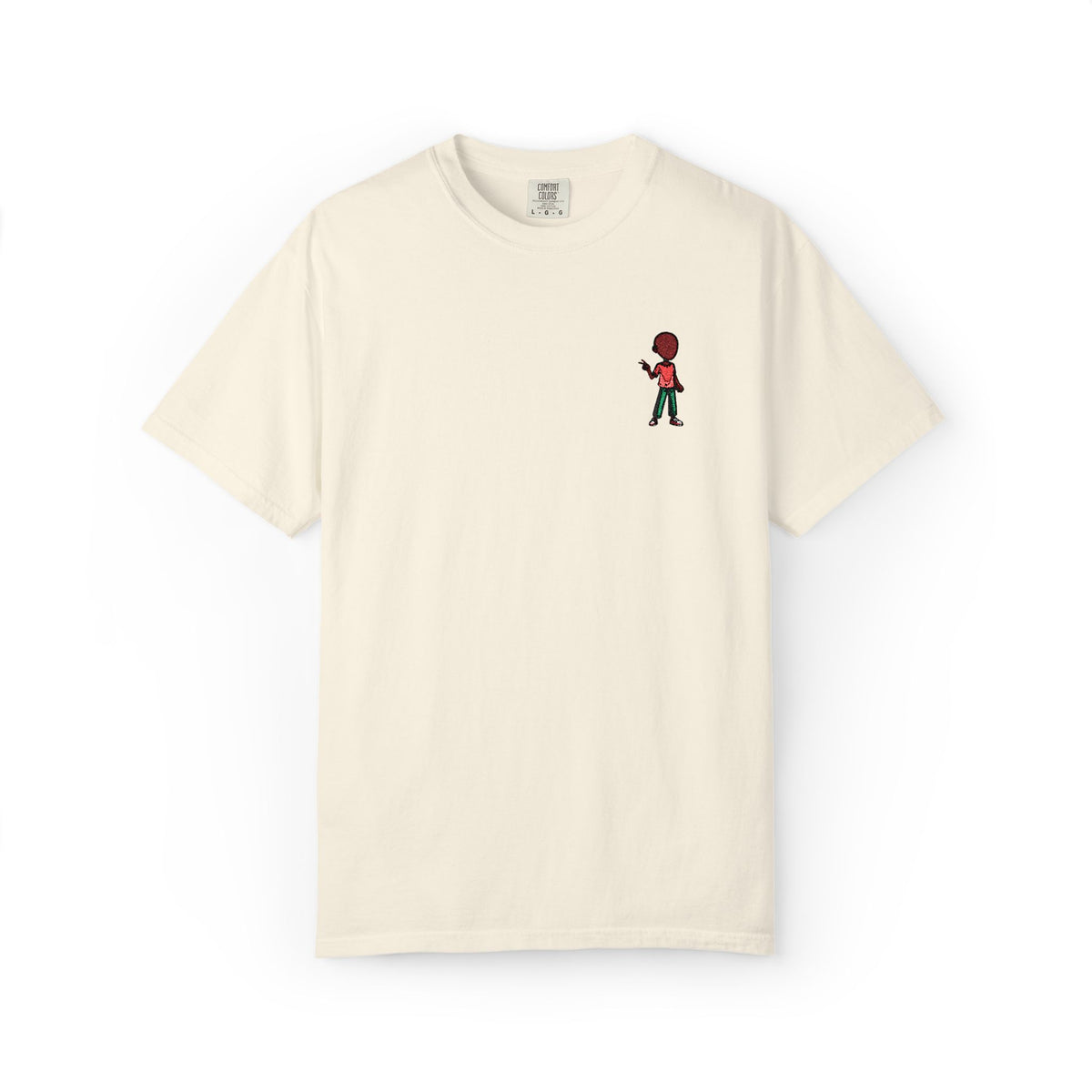 T-Shirt — Tiny Red-Haired Skateboarder Chest Graphic, Minimal Streetwear Tee