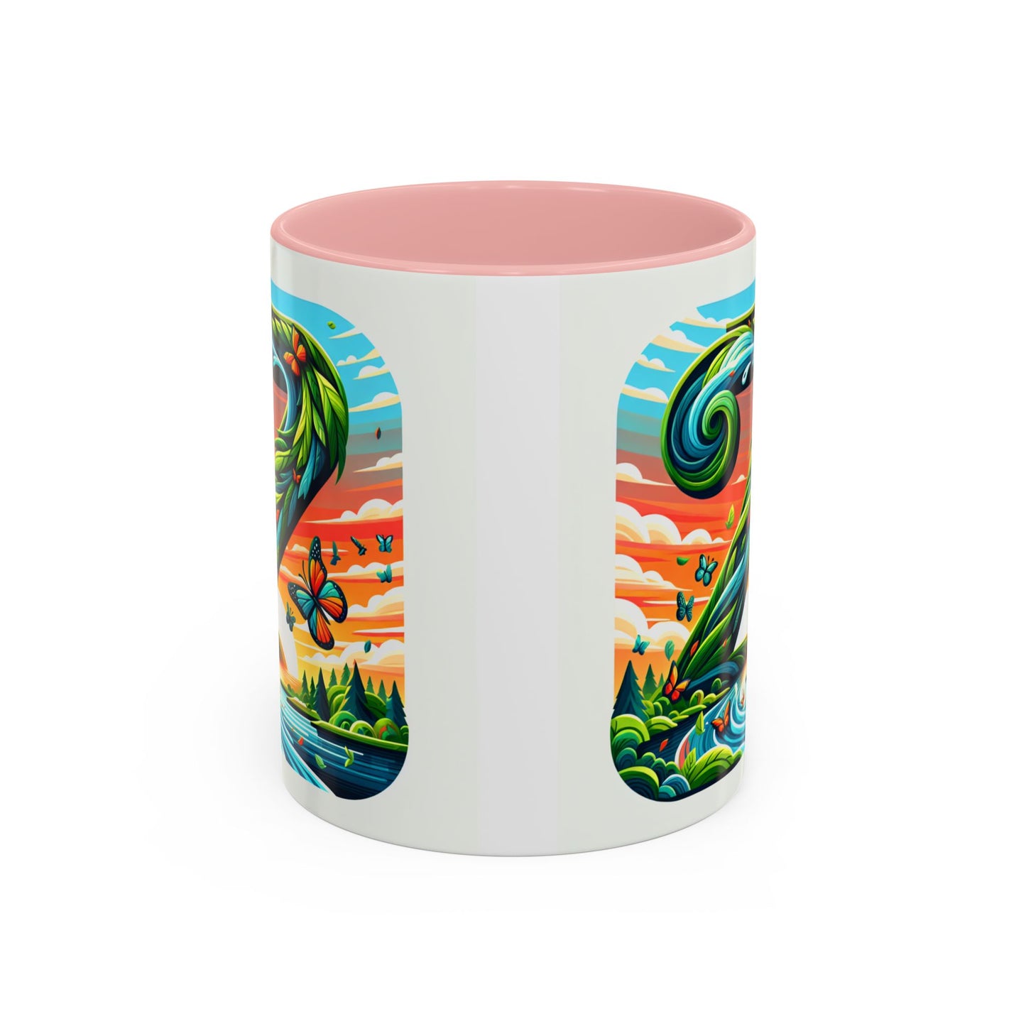 Nature-Inspired Accent Coffee Mug - Vibrant Green Design with Butterflies and Scenic View