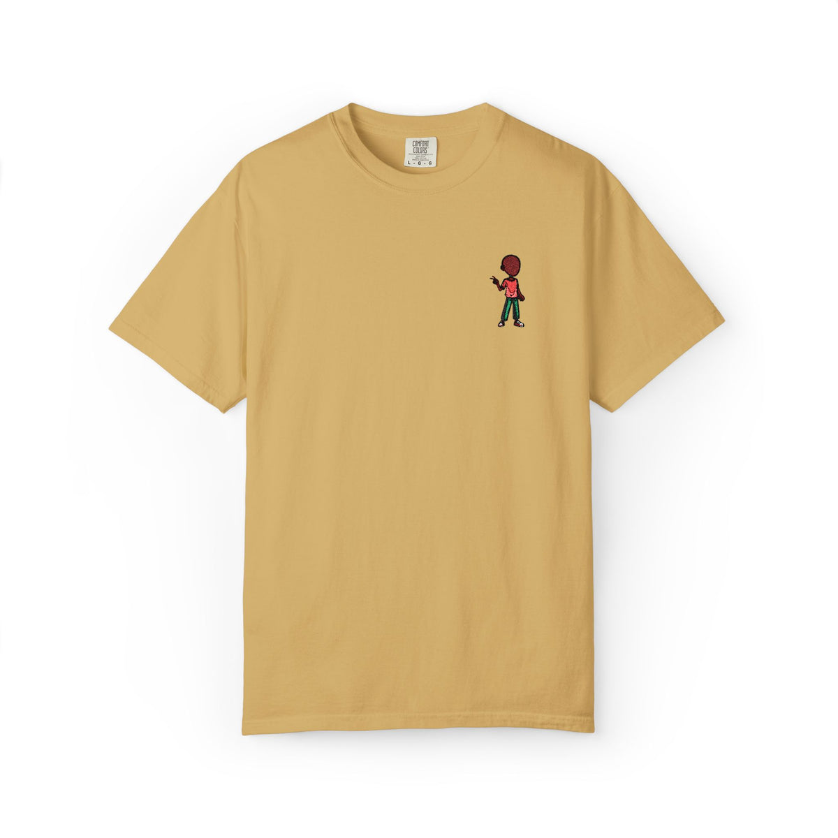 T-Shirt — Tiny Red-Haired Skateboarder Chest Graphic, Minimal Streetwear Tee