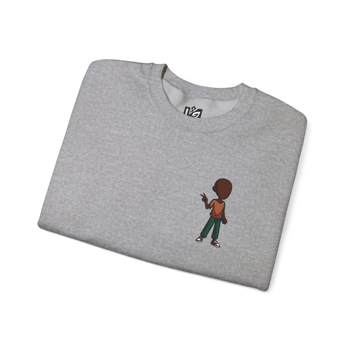 Crewneck Sweatshirt with Cartoon Guitarist & 'Rock On' Sleeve Graphic