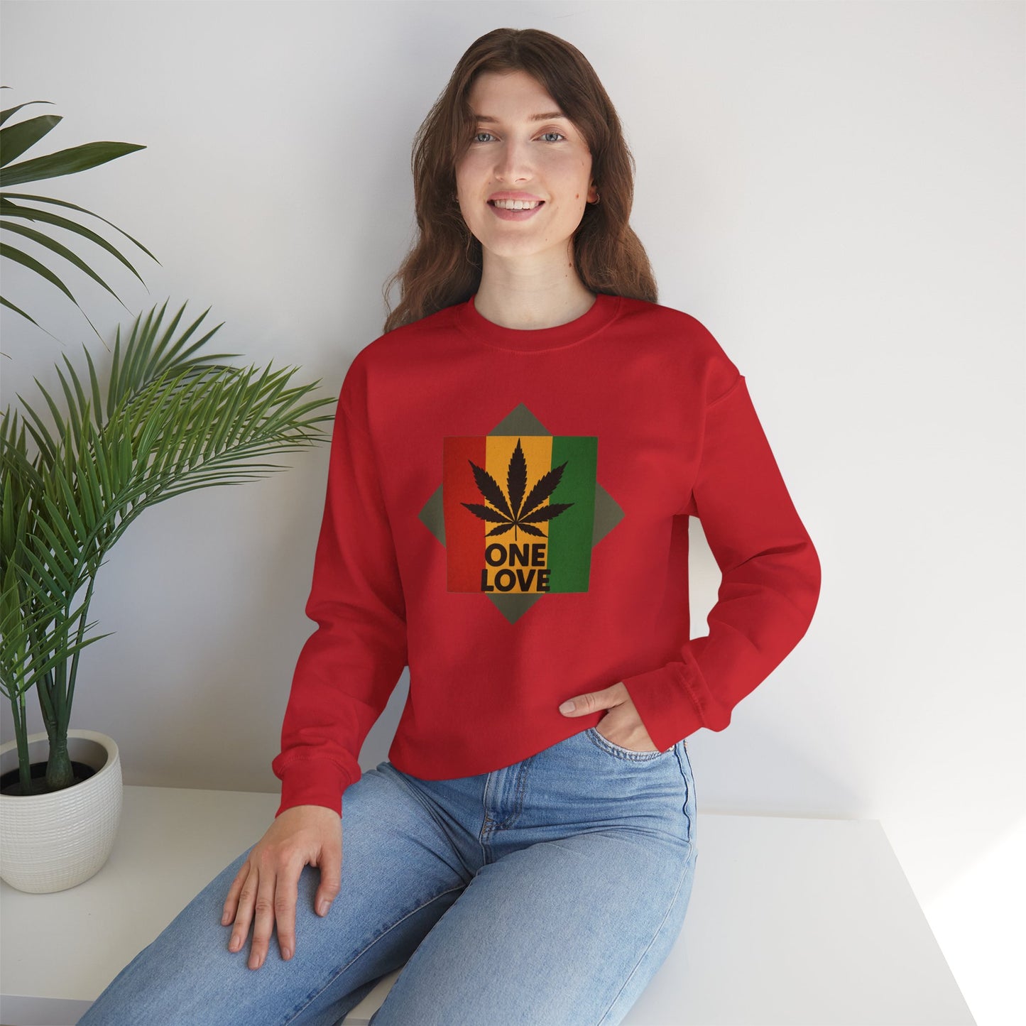 One Love Cannabis Crewneck Sweatshirt | Unisex Pullover | Cozy Streetwear, Gift for Stoners, Rasta Style Sweatshirt, Chill Vibes Apparel