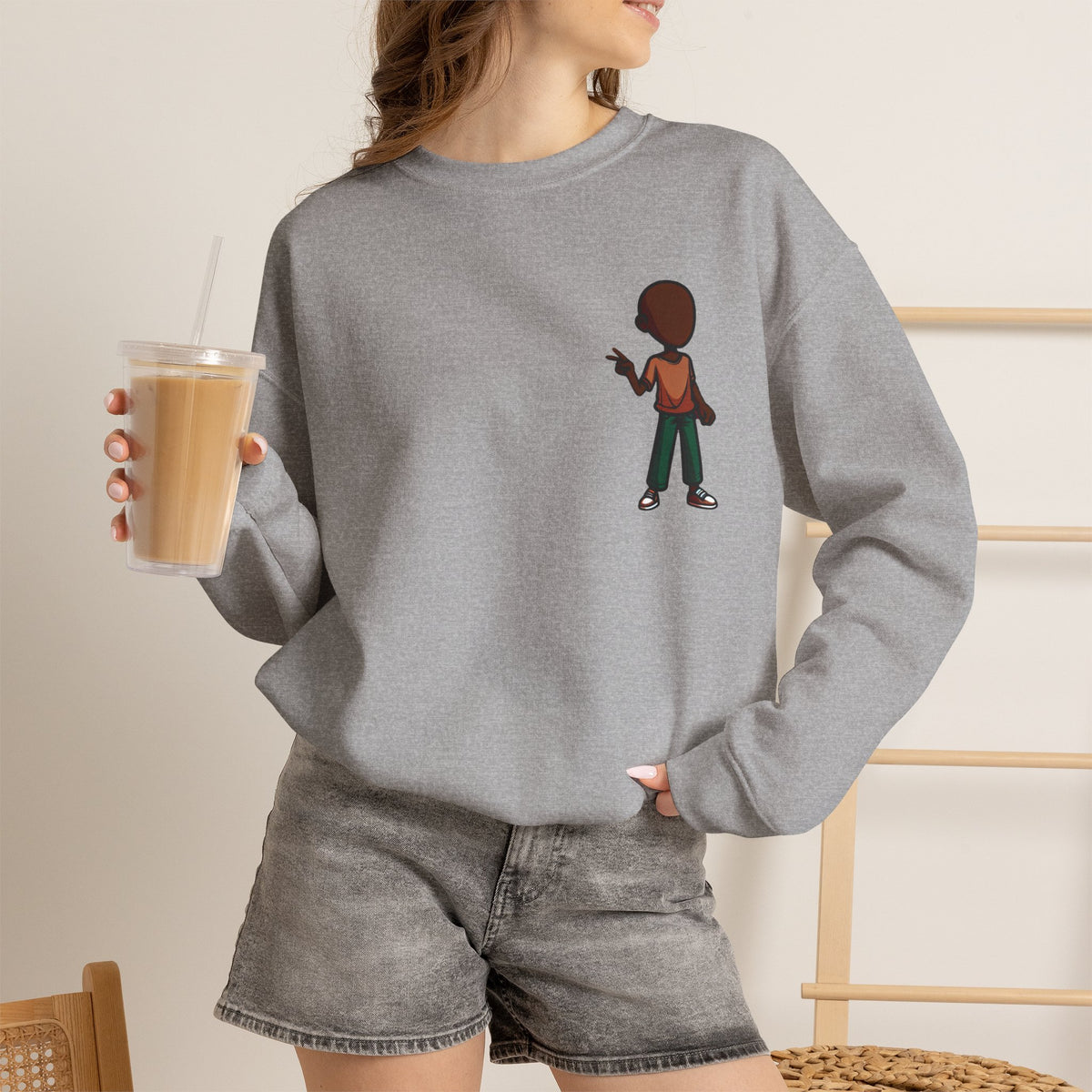 Crewneck Sweatshirt — Minimal Walking Kid Cartoon Chest Print