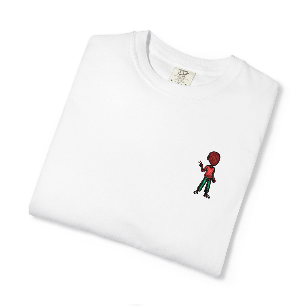 T-Shirt — Tiny Red-Haired Skateboarder Chest Graphic, Minimal Streetwear Tee