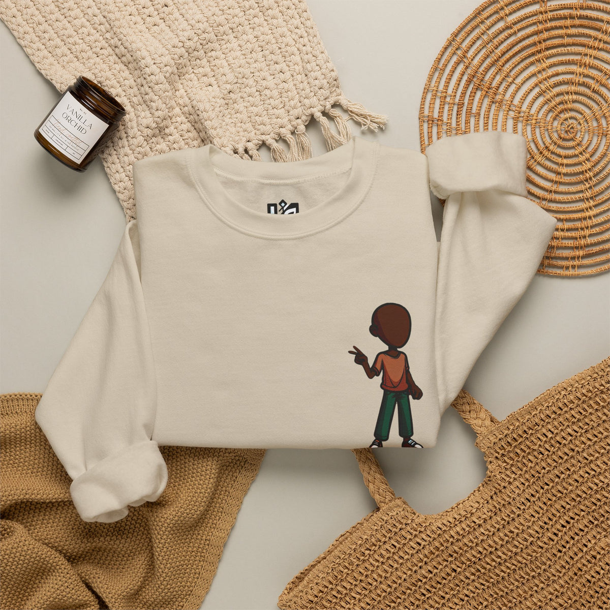 Crewneck Sweatshirt — Minimal Walking Kid Cartoon Chest Print
