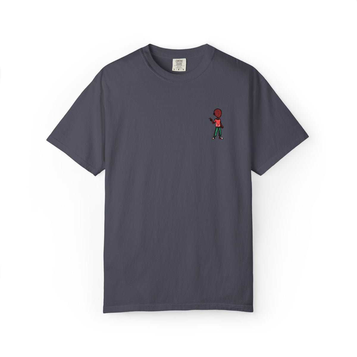 T-Shirt — Tiny Red-Haired Skateboarder Chest Graphic, Minimal Streetwear Tee