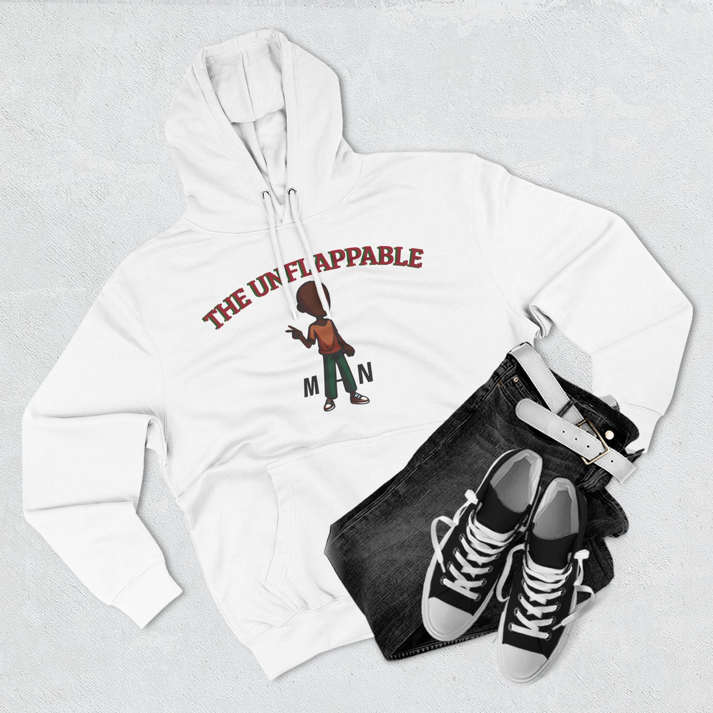 Unflappable Man Hoodie — Graphic Fleece Pullover with Cartoon Character
