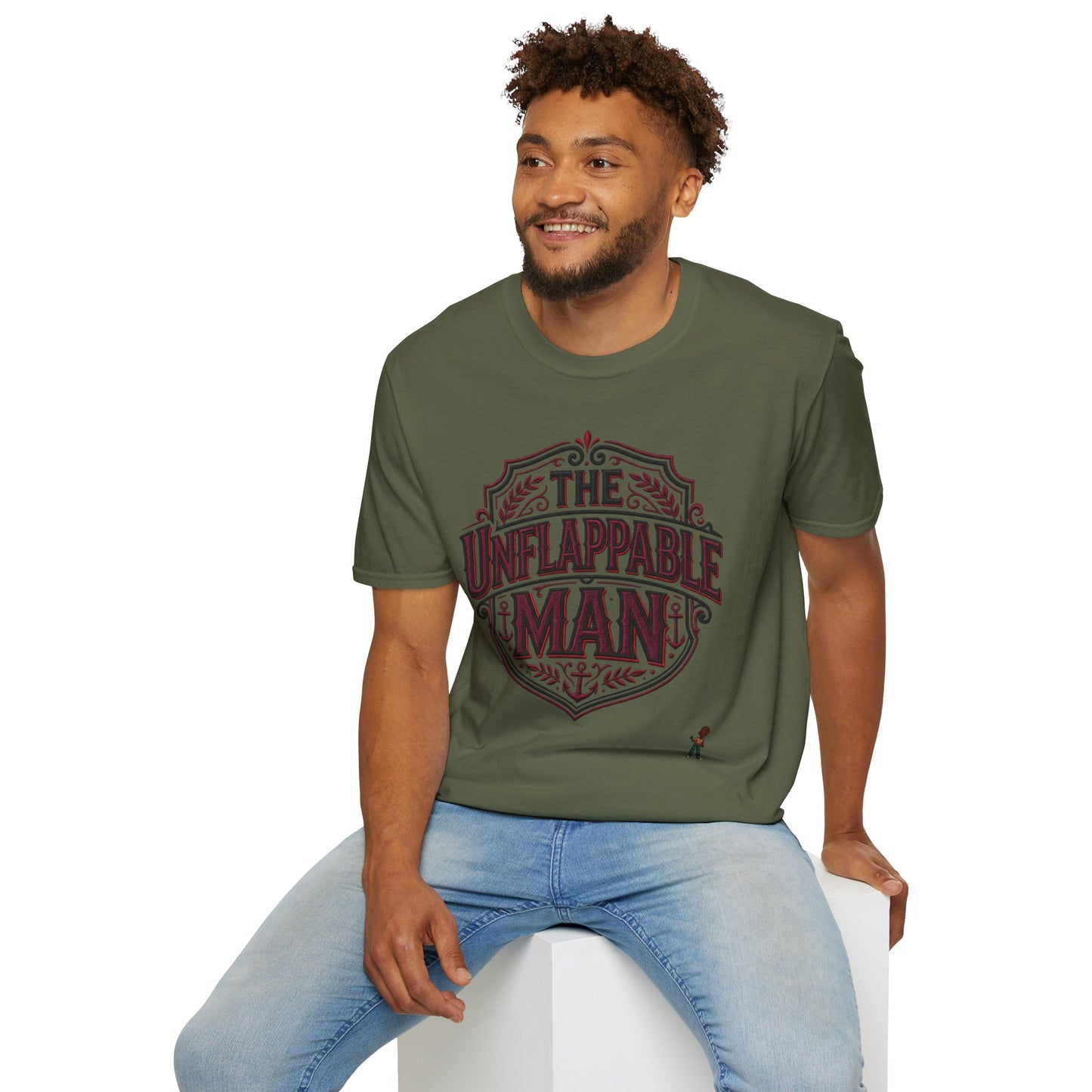 The Unflappable Man T-Shirt — Vintage Shield Graphic Tee for Confident Guys
