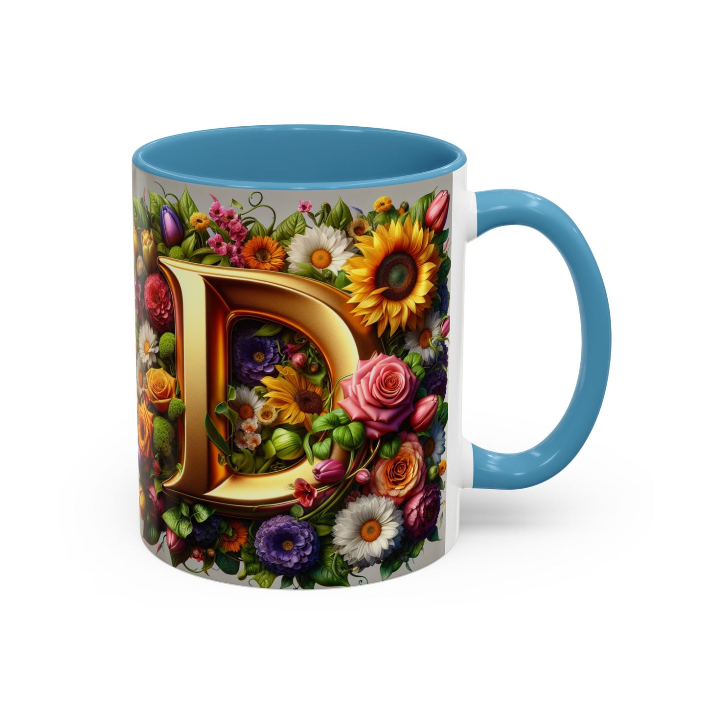 Floral Letter D Accent Coffee Mug - Colorful Personalized Drinkware for Nature Lovers