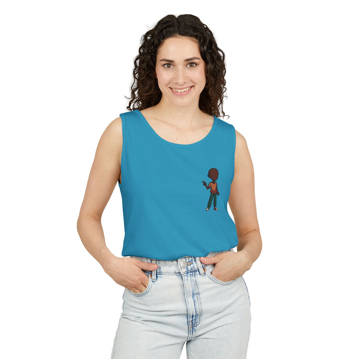 Minimalist Coffee Lover Tank — Small Cartoon Person Holding Mug Graphic Tank Top