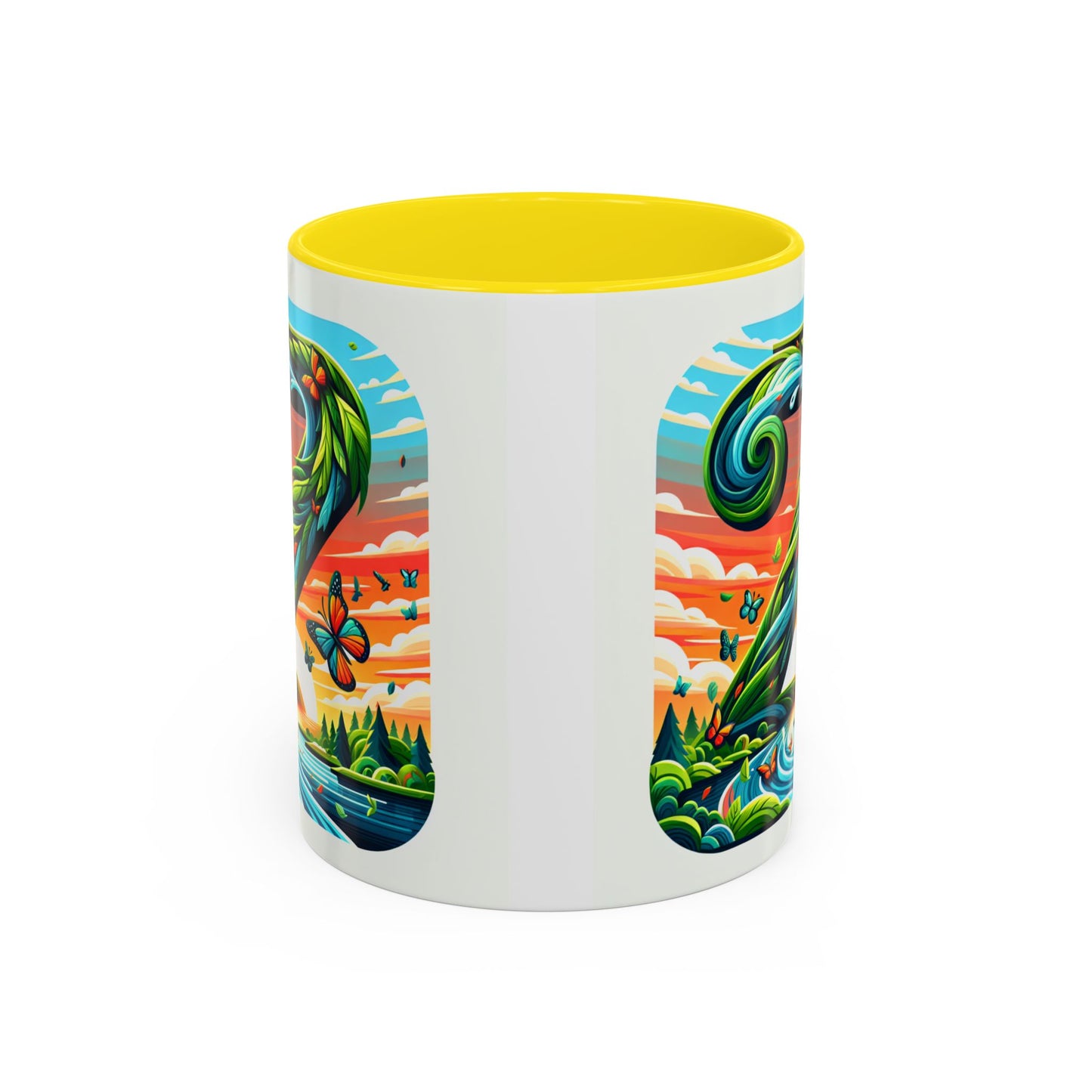 Nature-Inspired Accent Coffee Mug - Vibrant Green Design with Butterflies and Scenic View