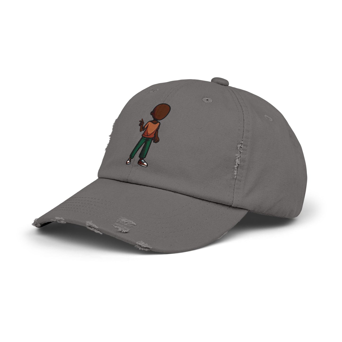 Distressed Black Dad Hat with Retro Boy Graphic — Casual Streetwear Cap