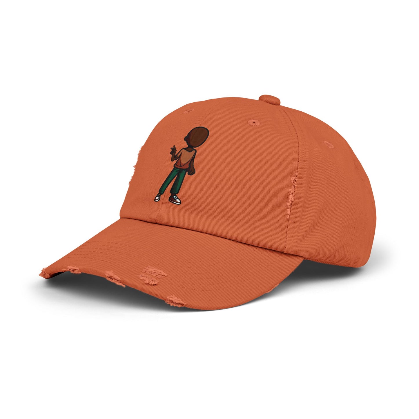 Distressed Black Dad Hat with Retro Boy Graphic — Casual Streetwear Cap