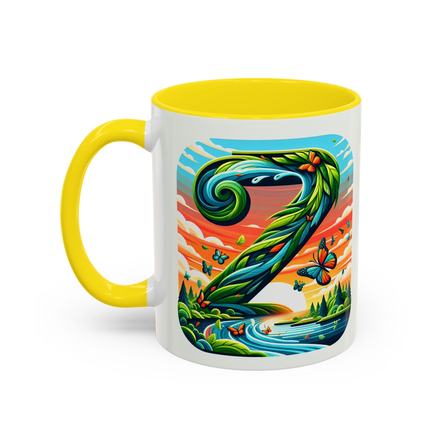 Nature-Inspired Accent Coffee Mug - Vibrant Green Design with Butterflies and Scenic View