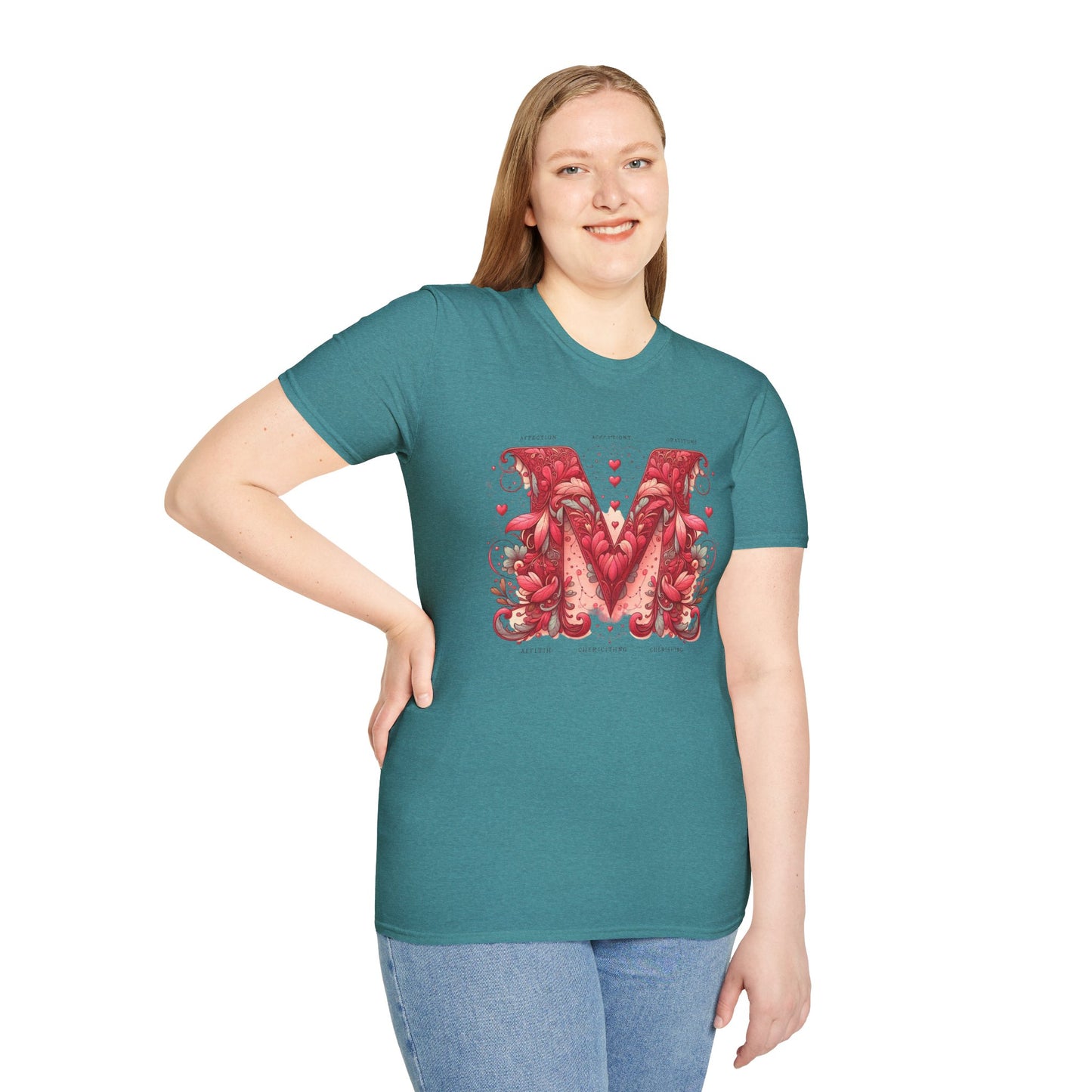 Floral Letter 'M' Unisex Softstyle T-Shirt - Perfect for Celebrations and Self-Expression
