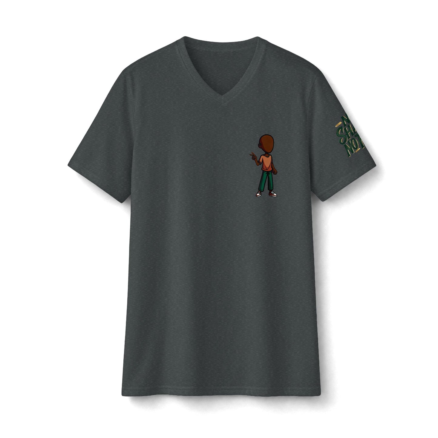 V‑Neck Tee — Small Backturned Character Chest Print with “No Smoke No Ash” Sleeve Text