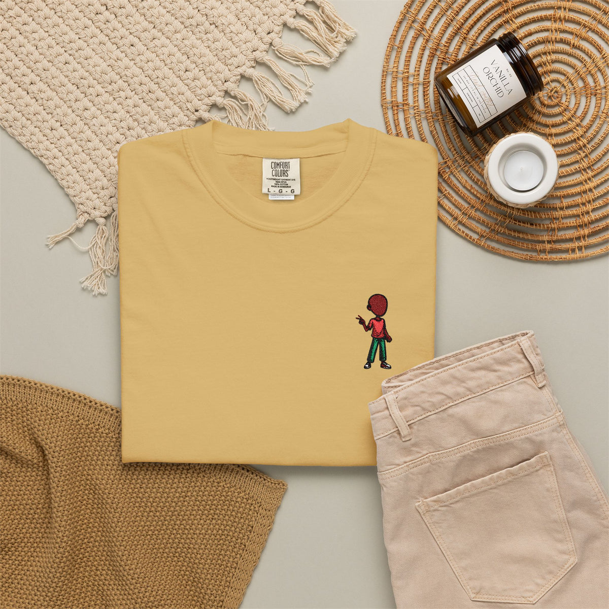 T-Shirt — Tiny Red-Haired Skateboarder Chest Graphic, Minimal Streetwear Tee