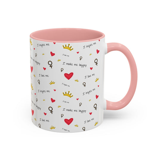 Inspirational Accent Coffee Mug - "I Love Me", Red Hearts and Crowns, Perfect Gift for Self-Care