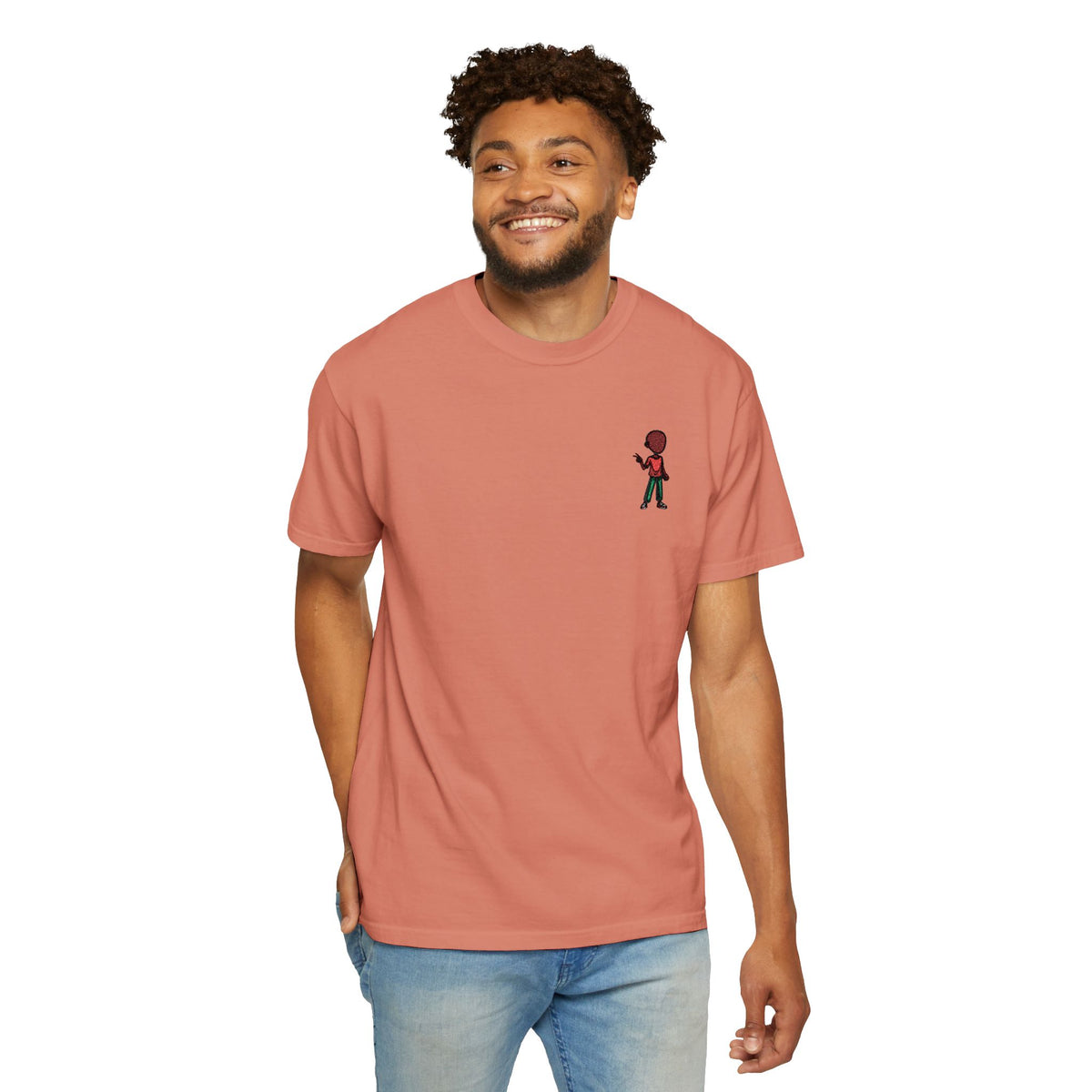 T-Shirt — Tiny Red-Haired Skateboarder Chest Graphic, Minimal Streetwear Tee