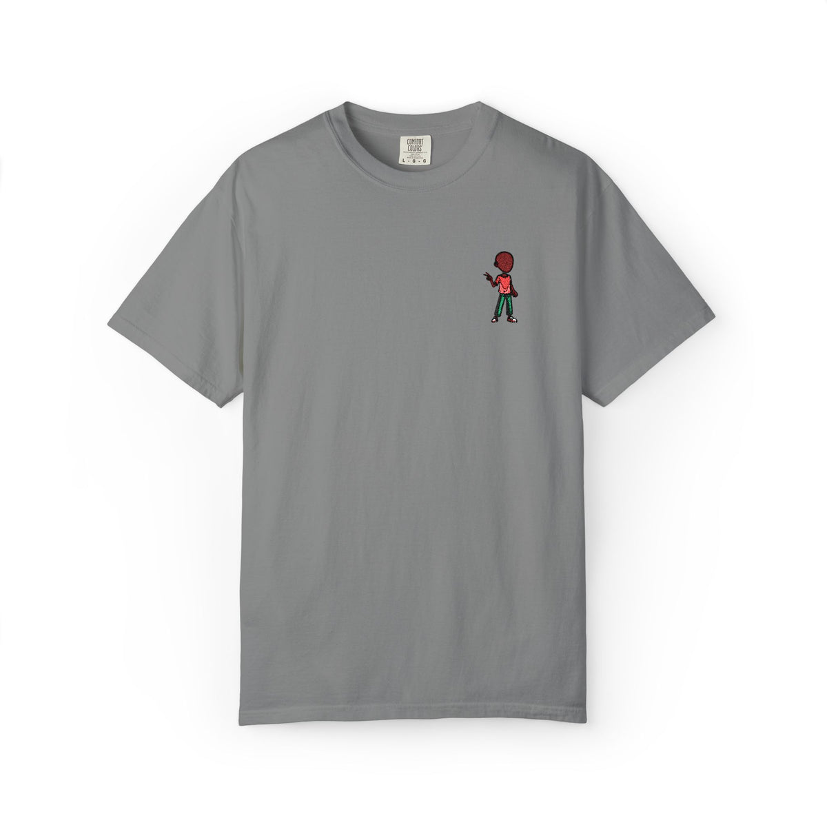 T-Shirt — Tiny Red-Haired Skateboarder Chest Graphic, Minimal Streetwear Tee