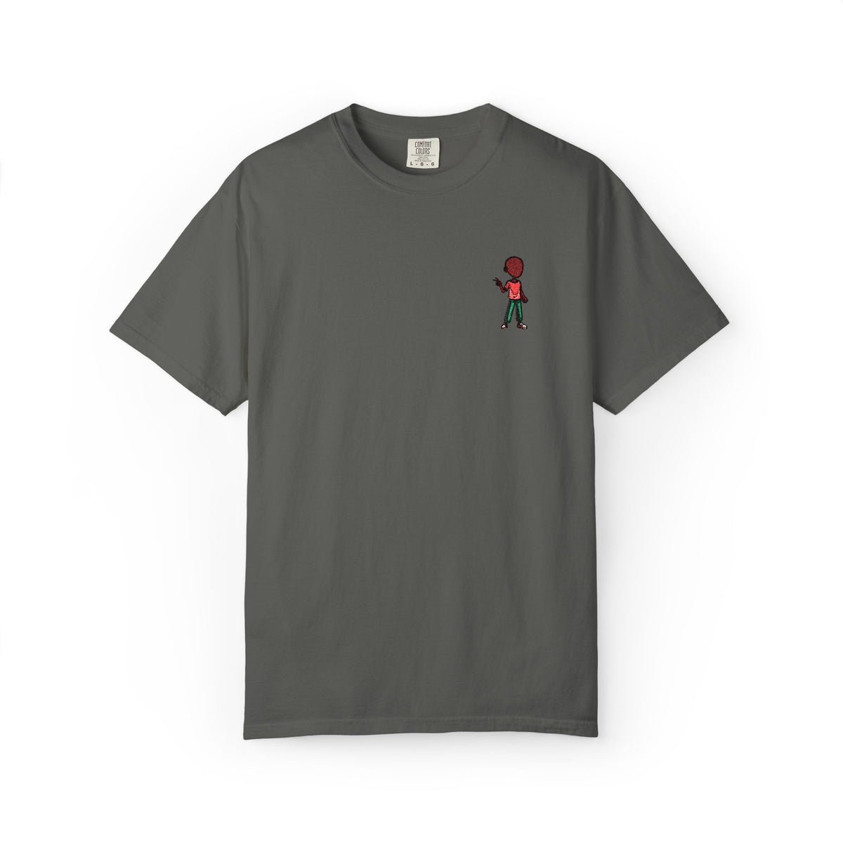 T-Shirt — Tiny Red-Haired Skateboarder Chest Graphic, Minimal Streetwear Tee