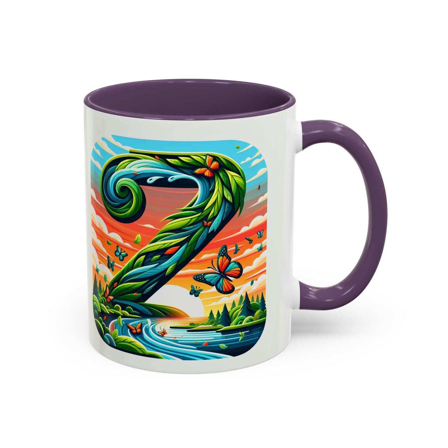 Nature-Inspired Accent Coffee Mug - Vibrant Green Design with Butterflies and Scenic View