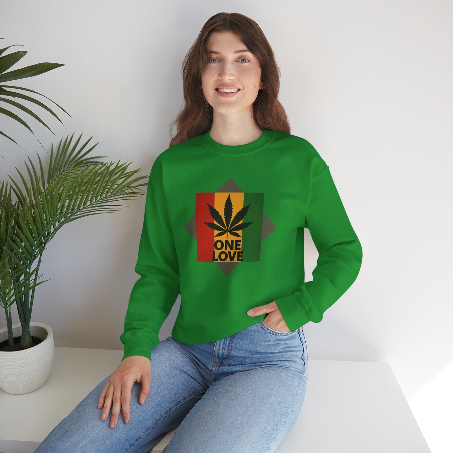 One Love Cannabis Crewneck Sweatshirt | Unisex Pullover | Cozy Streetwear, Gift for Stoners, Rasta Style Sweatshirt, Chill Vibes Apparel