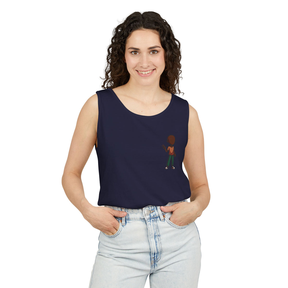Minimalist Coffee Lover Tank — Small Cartoon Person Holding Mug Graphic Tank Top