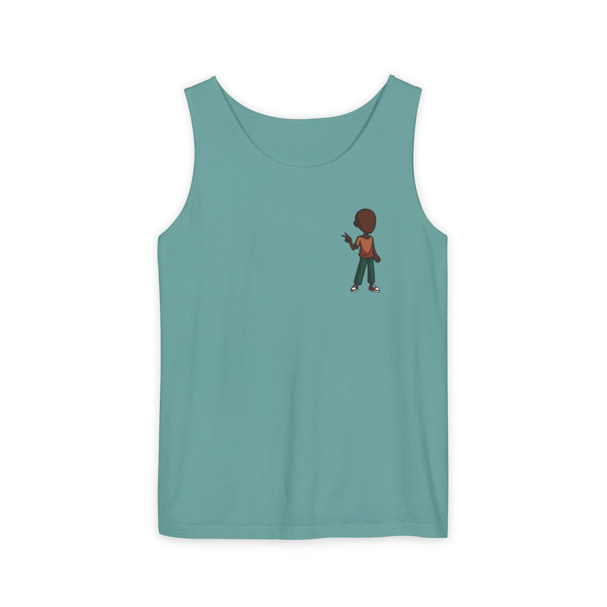 Minimalist Coffee Lover Tank — Small Cartoon Person Holding Mug Graphic Tank Top