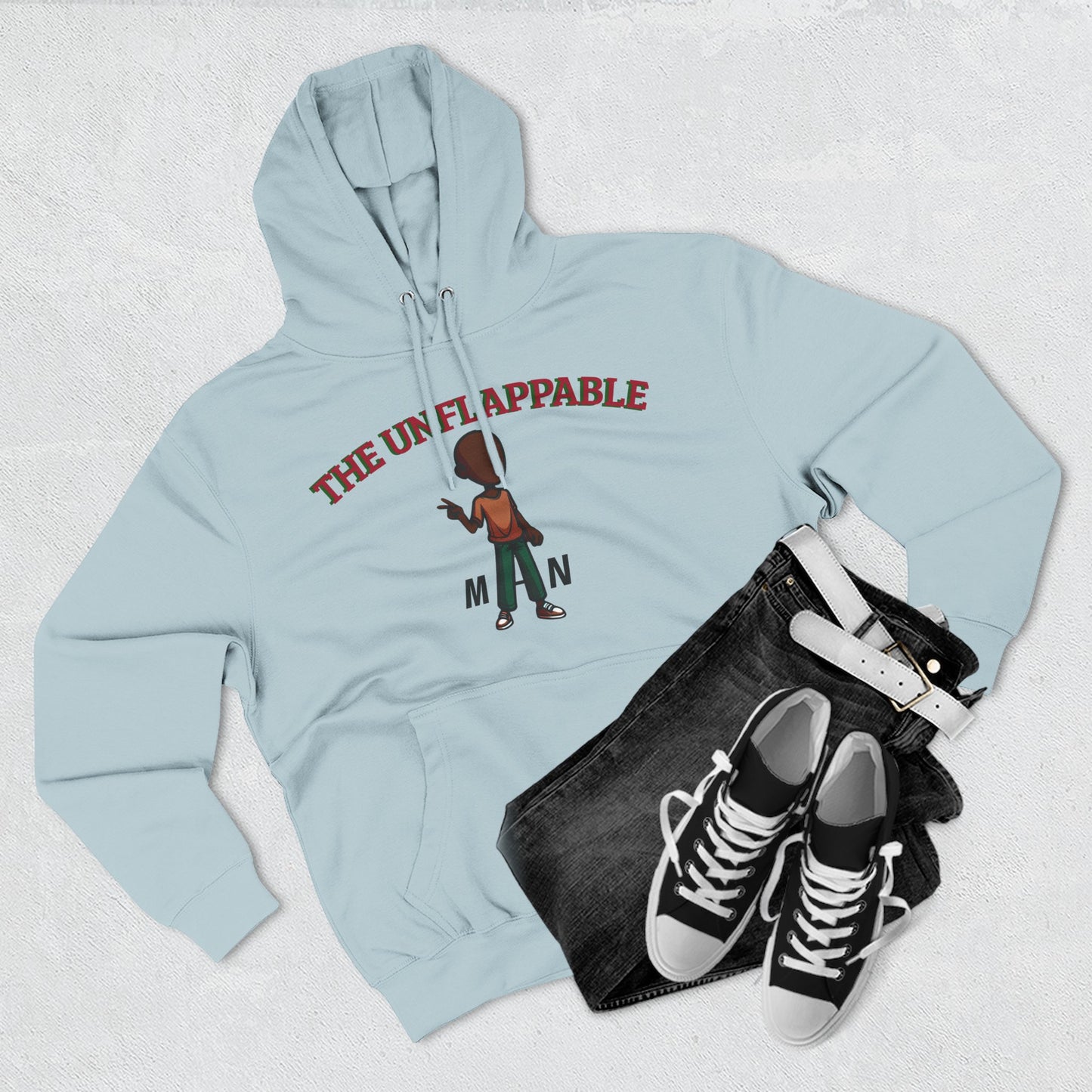 Unflappable Man Hoodie — Graphic Fleece Pullover with Cartoon Character