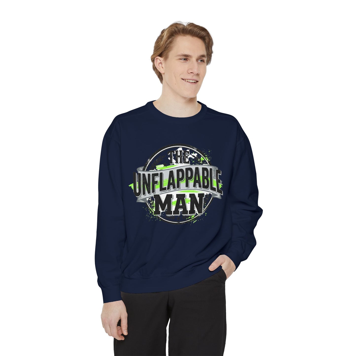 The Unflappable Man Sweatshirt — Retro Badge Graphic Crewneck