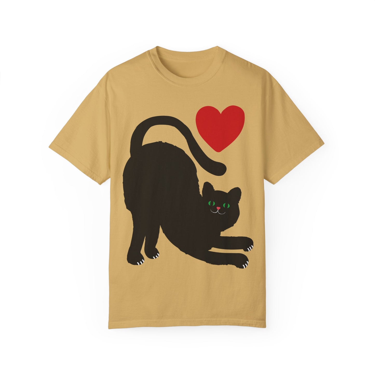 Cute Cat Lover's Unisex Garment-Dyed T-Shirt - Playful Black Cat with Heart Design