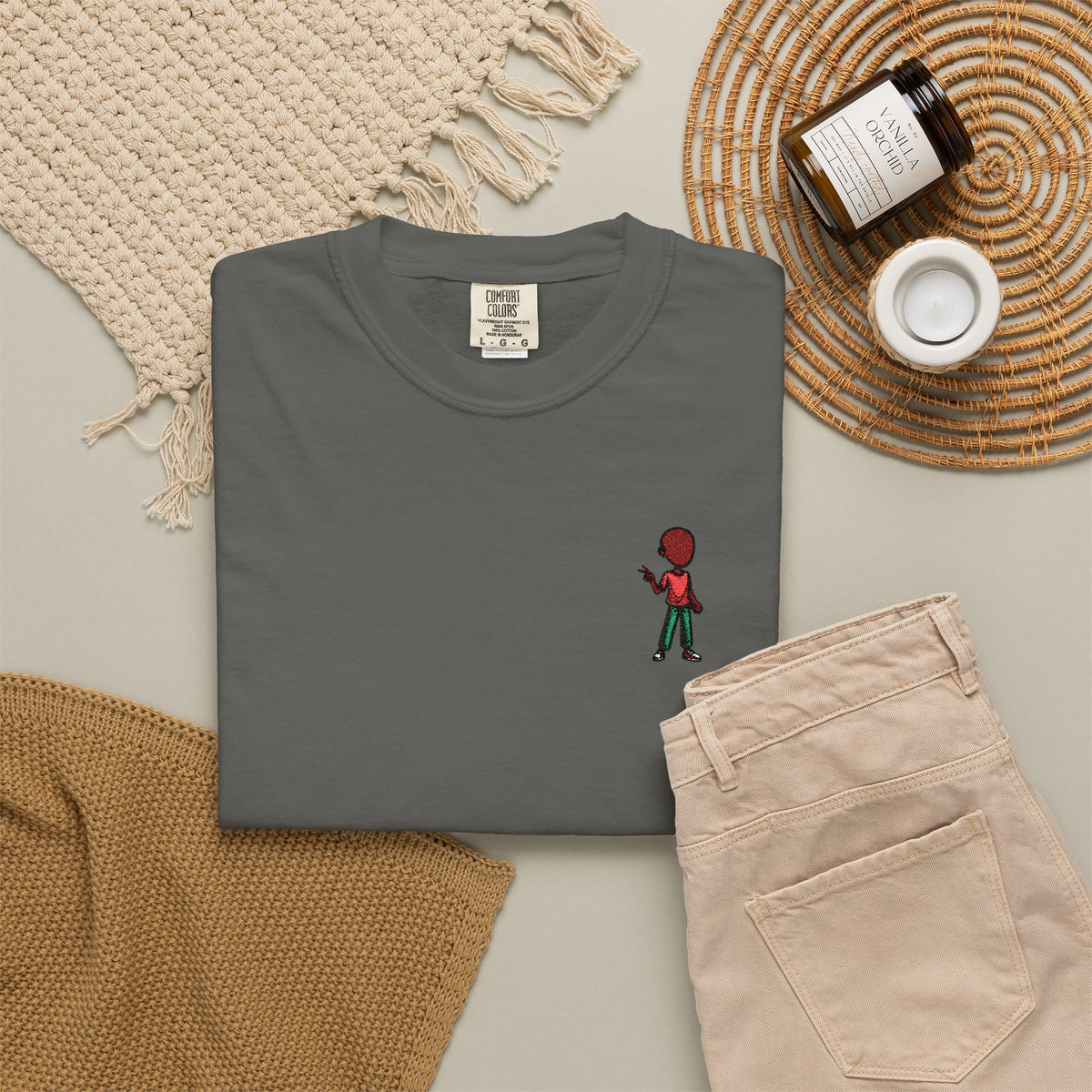 T-Shirt — Tiny Red-Haired Skateboarder Chest Graphic, Minimal Streetwear Tee