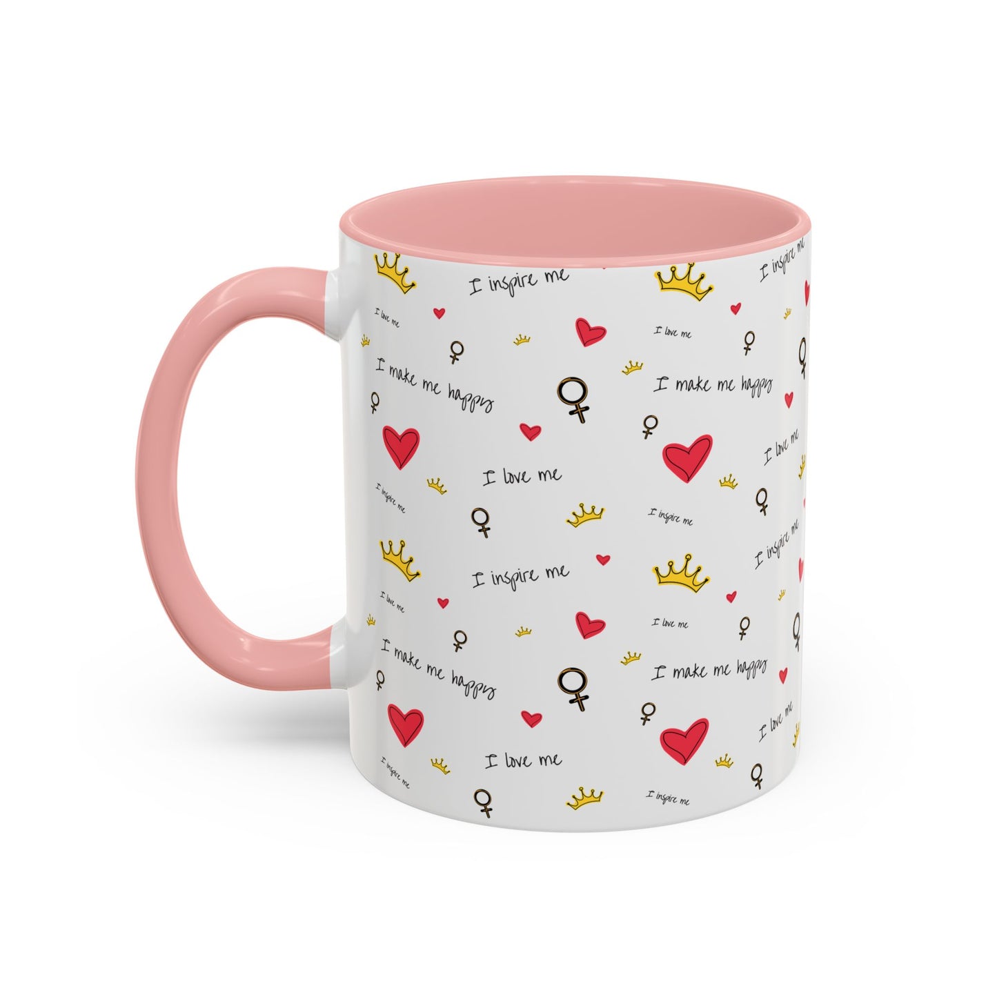Inspirational Accent Coffee Mug - "I Love Me", Red Hearts and Crowns, Perfect Gift for Self-Care