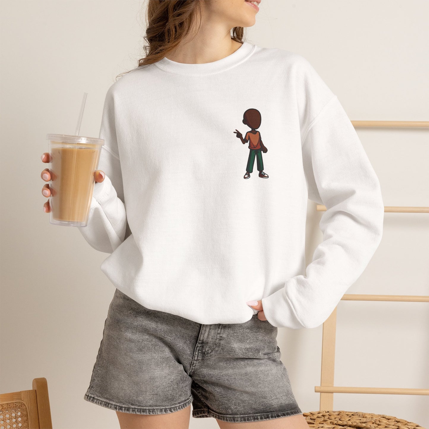 Crewneck Sweatshirt with Cartoon Guitarist & 'Rock On' Sleeve Graphic