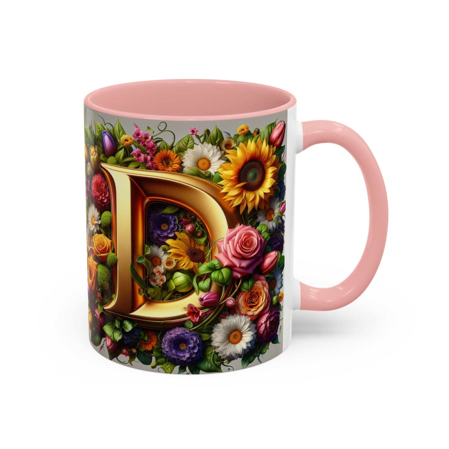 Floral Letter D Accent Coffee Mug - Colorful Personalized Drinkware for Nature Lovers