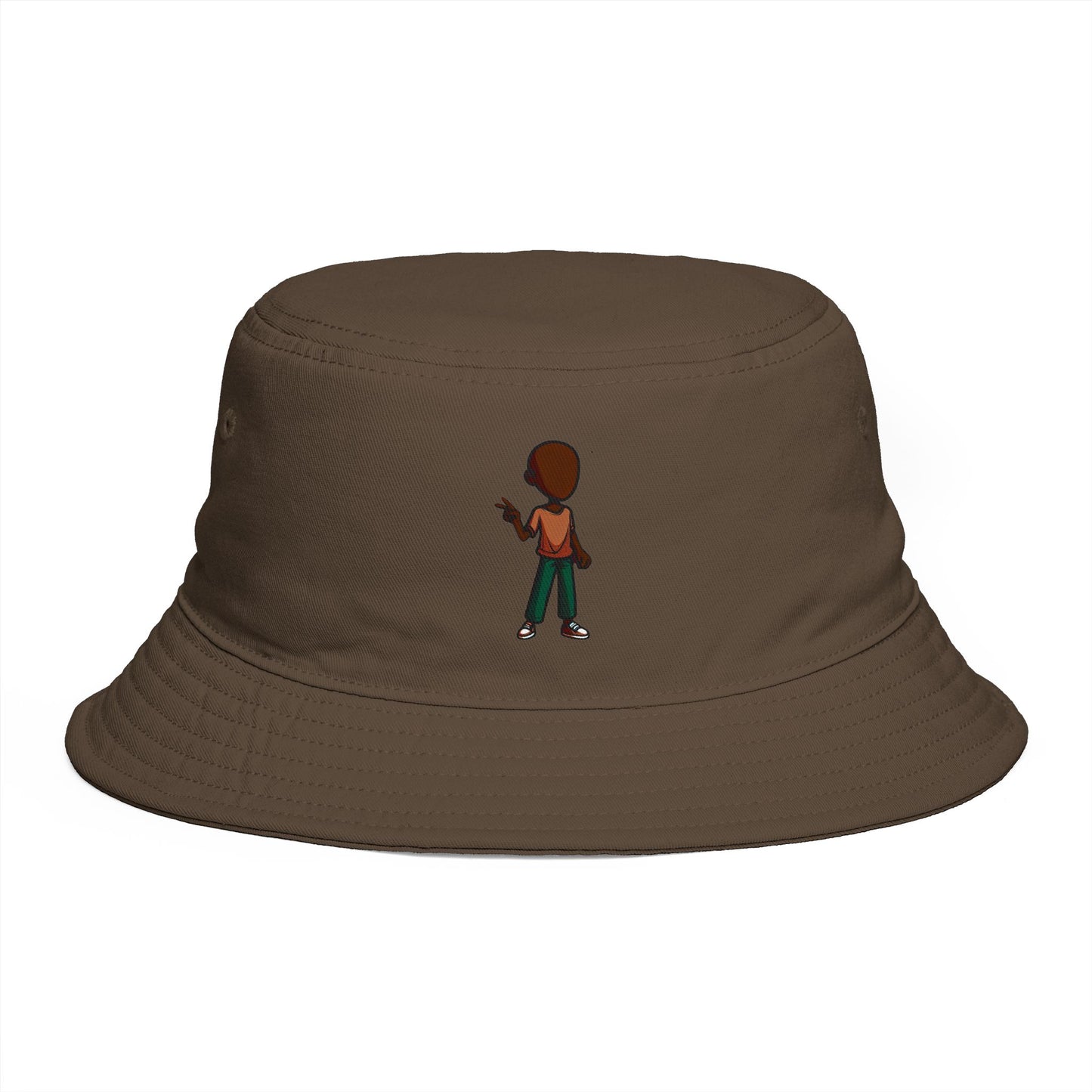 Brown Streetwear Bucket Hat with Small Kid Cartoon Graphic