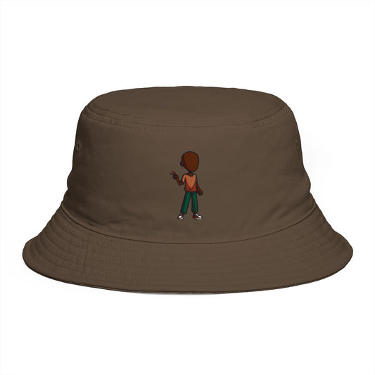 Brown Streetwear Bucket Hat with Small Kid Cartoon Graphic
