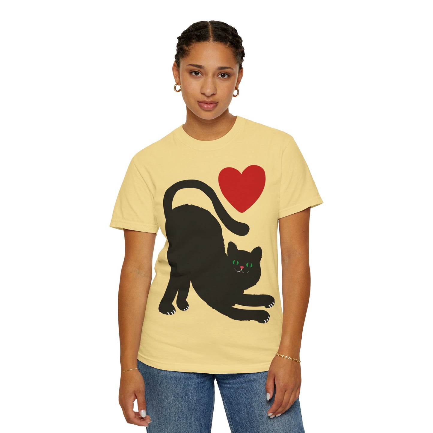 Cute Cat Lover's Unisex Garment-Dyed T-Shirt - Playful Black Cat with Heart Design