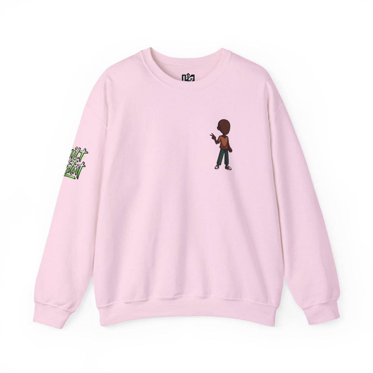 Crewneck Sweatshirt with Cartoon Guitarist & 'Rock On' Sleeve Graphic
